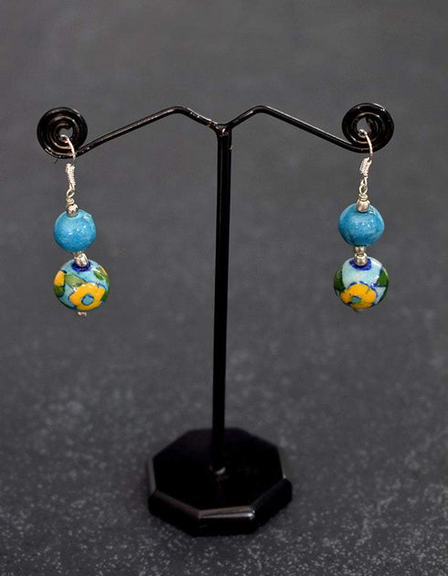Two Bead Blue Pottery Earrings (Turquoise & Yellow)